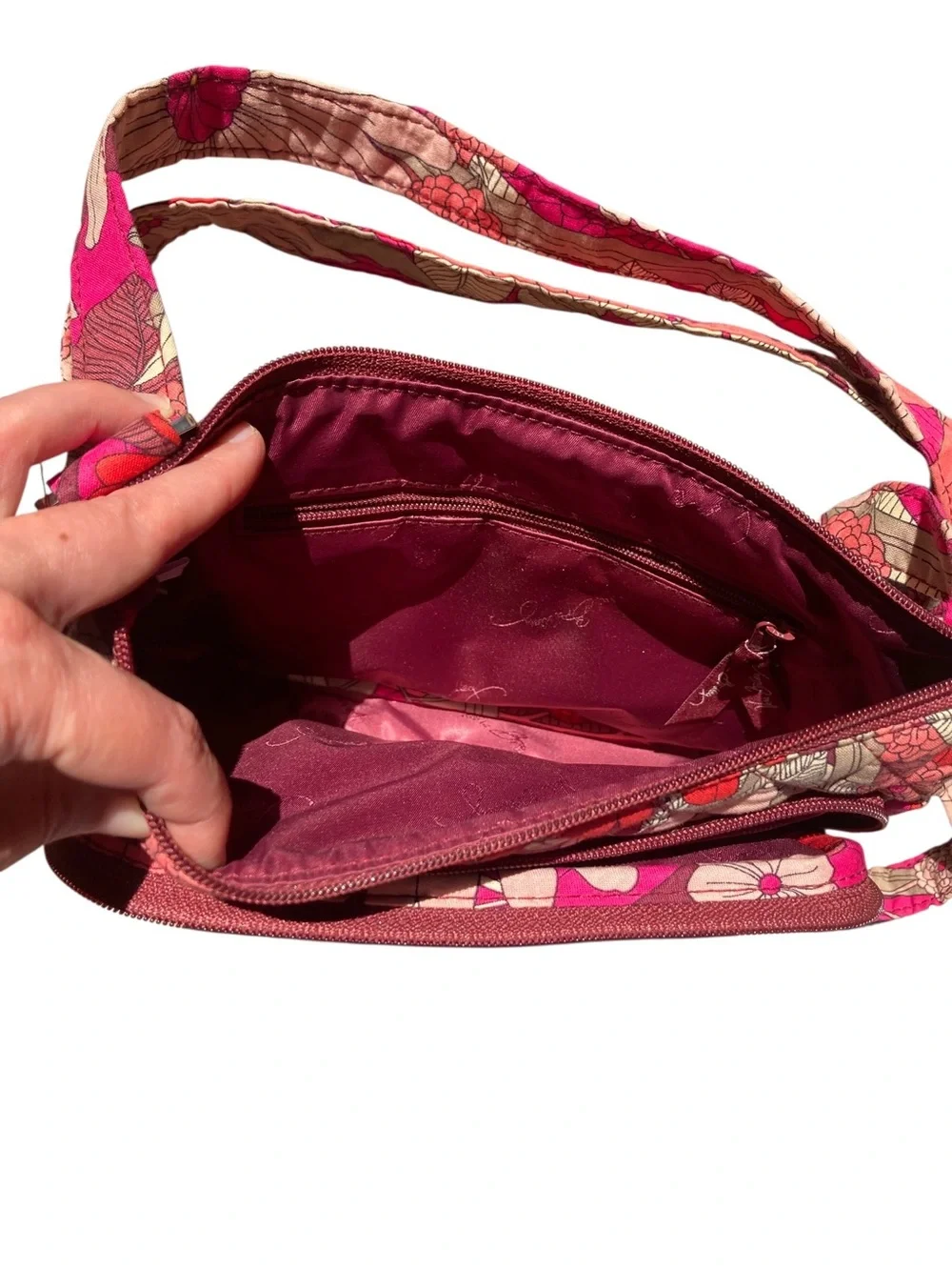 Vera Bradley Quilted Floral Crossbody Bag Pink Burgundy Multicolor Travel Purse